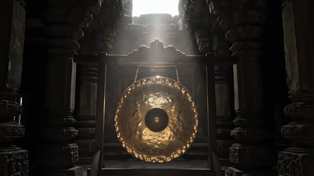 A grand, cinematic shot of a golden ceremonial gong bathed in dramatic sun rays piercing through the dark, ancient stone temple interior, creating a mystical and spiritual atmosphere.
