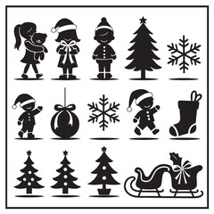 Vector art of collection of black christmas silhouettes including children, trees, snowflakes, and a sleigh