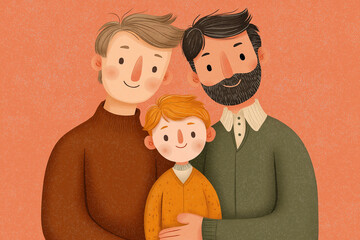 gay male couple with a kid. the illustration style is that of a children's book: simple, cute, and in full color, in high resolution