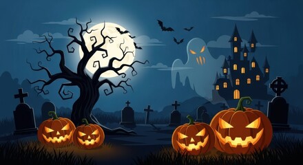 Spooky halloween night with jackolanterns, haunted castle, and ghost under a full moon