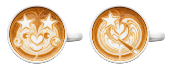 Two white coffee mugs with star-themed latte art, top view on a clean white background, PNG