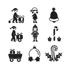 Vector art of collection of christmas icons and symbols including children with gifts, candy canes, bells, and wreaths