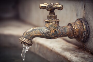 Aged Faucet: Grimy Sink with Contaminated Water Stream Showing Hard Water Issues and Plumbing Deterioration