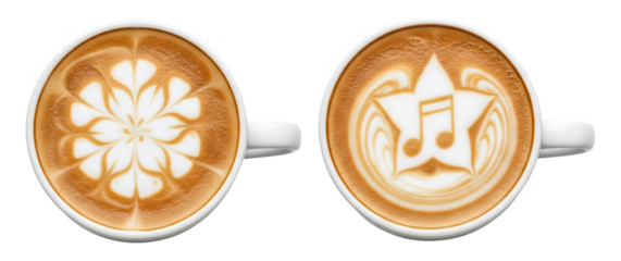 Two white coffee mugs with star-themed latte art, top view on a clean white background, PNG