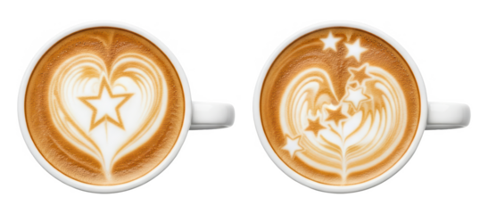 Two white coffee mugs with star-themed latte art, top view on a clean white background, PNG