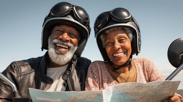 Mature couple enjoying a joyful motorcycle adventure while exploring a map outdoors