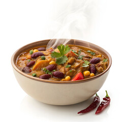 A hearty mixed bean curry infused with aromatic spices, served in a bowl, isolated on white, rich