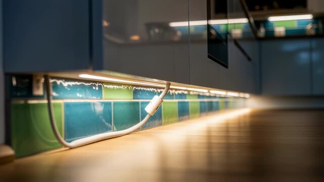 Flexible LED toekick lighting enhancing kitchen floor lines offering subtle directional light that complements colorful backsplash tones.