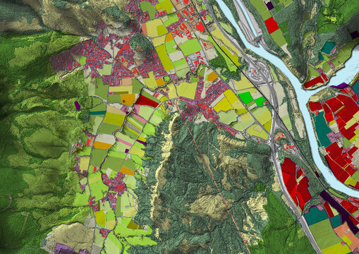 Concept de fond g&eacute;ographique - Donn&eacute;es lidar HD - Vue a&eacute;rienne de la topographie et occupation du sol d'un territoire - Rendu 2d mod&egrave;le num&eacute;rique de terrain et nuage de points Lidar HD