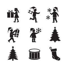 Vector art of collection of christmasthemed silhouette icons including children with gifts, snowflakes, christmas trees, a drum, and a stocking, isolated on a