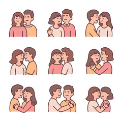 Couple romance vector set, cute flat illustration of love and relationship icons in minimalist doodle style