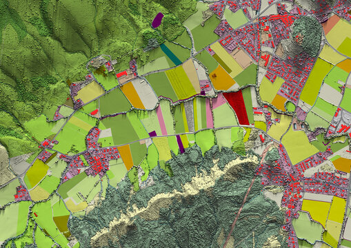 Concept de fond géographique - Données lidar HD - Vue aérienne de la topographie et occupation du sol d'un territoire - Rendu 2d modèle numérique de terrain et nuage de points Lidar HD