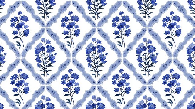 Traditional indian block print floral pattern with blue flowers on a white background and diamond shapes