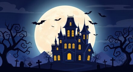 Haunted house silhouette against a large full moon with bats flying around and spooky trees and graves