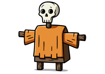 stylized cartoon skeleton dressed in an orange robe and wooden frame  A quirky handcrafted gift illustration with a playful slightly macabre aesthetic Perfect for creative projects