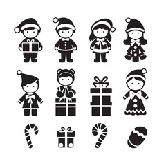 Vector art of set of cute christmas character and gift icons in silhouette, including children, candy canes, and presents, isolated on a