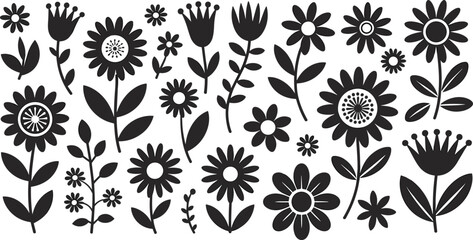 Collection of floral silhouette vector elements with decorative flowers, botanical plants, garden blossoms, and nature design icons for patterns, invitations, textiles, and digital graphics
