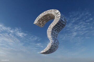 Giant abstract question mark sculpture floats in a clear blue sky with wispy clouds