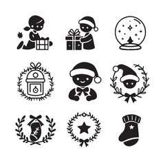 Vector art of set of nine black christmas silhouette icons featuring children, gifts, snow globe, bell, wreath, and stocking