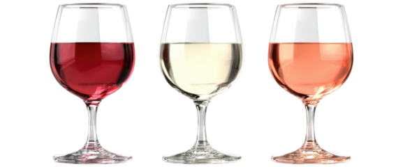 Three wine glasses filled with red, white, and ros? wine (1)