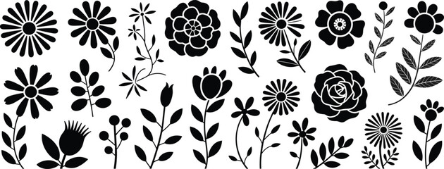 Collection of floral silhouettes with roses, daisies, leaves, branches, and botanical vector elements for decorative design, invitations, patterns, cards, and creative artwork