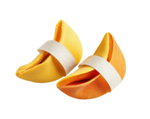 Two fortune cookies, light and dark orange, tied with white bands