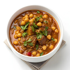 A thick and hearty chickpea stew with rich gravy, served in a bowl, isolated on white background,