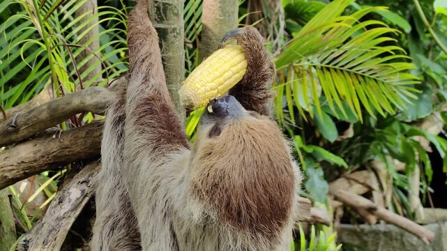 Sloth is eating corn cob. Sloth is hanging from tree branch