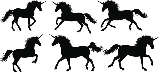 Collection of unicorn silhouettes in dynamic poses, elegant mythical horse with horn, fantasy creature vector illustration for decoration