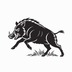 Obraz premium Dynamic black silhouette of a powerful wild boar charging, embodying untamed strength and fierce wilderness