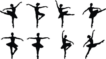 Elegant ballerina silhouettes in various dance poses, classical ballet dancers performing graceful movements, vector illustration design for performance, art, decoration, and creative artwork 