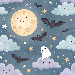 Seamless pastel Halloween night sky &mdash; moon, stars and clouds with tiny ghosts and bats scattered across the pattern.