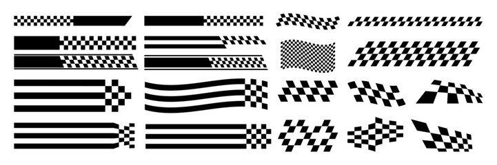 Racing stripes and checkered flags vector set. checkered flag, finish line, motocross labels, dynamic lines, motorsport, automotive graphics, sport decals, vehicle tuning stickers. vector illustration