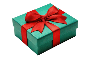 Teal gift box with red ribbon bow