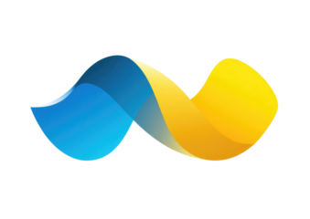 Abstract logo, two-toned, flowing shapes.  A stylized, wavy, N-shaped logo, combining vibrant blue and gold/yellow.  Smooth, rounded forms.  Modern, dynamic design