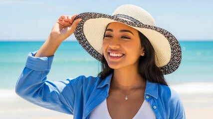 A smiling woman wearing a widebrimmed hat and a blue shirt enjoys a sunny day at the beach with the ocean in the background - Powered by Adobe