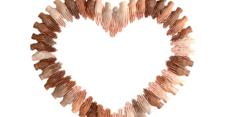 Diverse hands form a heart shape.  Many hands of varying skin tones arranged in a circular pattern to create a heart shape against a black background
