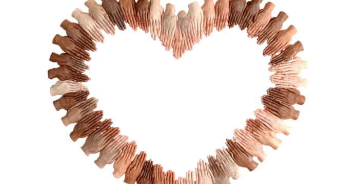 Diverse hands form a heart shape.  Many hands of varying skin tones arranged in a circular pattern to create a heart shape against a black background