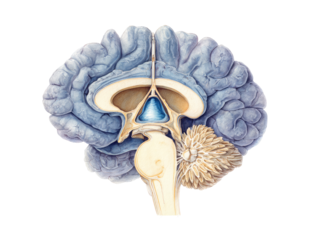 Detailed anatomical illustration of a human brain, mid-sagittal section.  Shows brain structures, including cerebrum, cerebellum, and brainstem.  Color-coded for clarity.  Medical illustration
