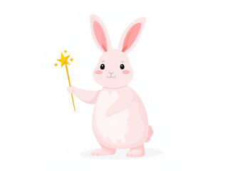 Fototapeta premium Cute pink rabbit holding magic wand with stars, cheerful and whimsical character design