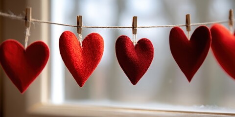 Charming Display of Red Hearts Hanging in a Wooden Window, Celebrating Love and Togetherness for Valentine's Day
