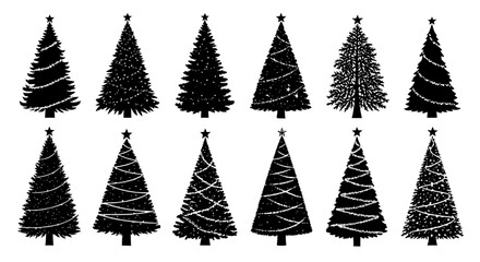 Obraz premium A collection of meticulously crafted Christmas tree illustrations in a silhouette style, each representing the essence of the holiday season. capturing the festive spirit. vector illustration