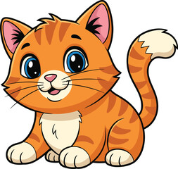 Cute smiling cartoon orange tabby cat with raised paw, playful kitten illustration perfect for children’s books, stickers, posters, invitations