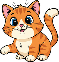 Cute smiling cartoon orange tabby cat with raised paw, playful kitten illustration perfect for children’s books, stickers, posters, invitations