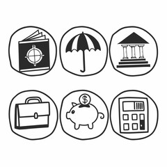 Hand drawn finance and banking icons representing investment and insurance