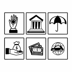 Finance and banking icons in black and white representing investment and insurance