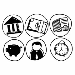 Hand drawn business icons representing finance, management and time concept