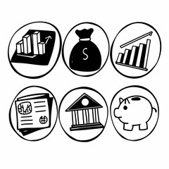Financial icons set, hand drawn style, depicting money, investment, and banking