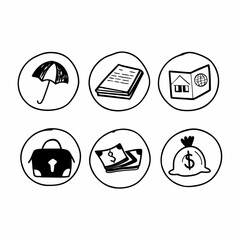 Hand drawn insurance icons representing protection, security and finance concept