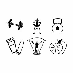 Fitness and health icons set, hand drawn style, depicting exercise, nutrition, and wellness
